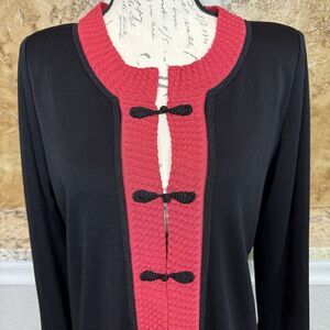 Exclusively Misook Cardigan‎ Sweater Medium Black Red Trim Frog Closure Blazer